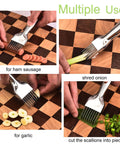UGpine scallion cutter with stainless steel blade; silver kitchen chopper shown cutting green onions, garlic, and sausage.