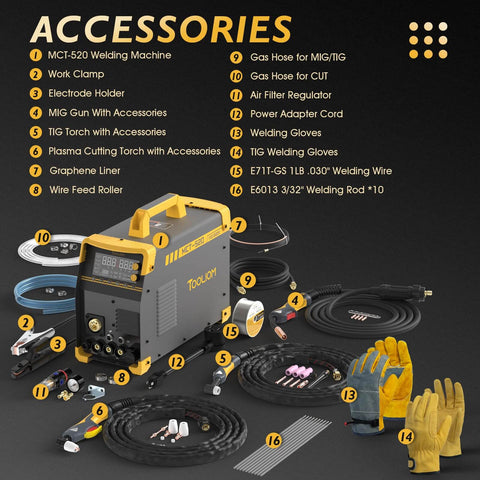 MCT-520 welding machine and accessories with cables, clamps, and gloves