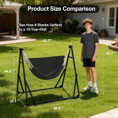 Two In One Hammock And Swing Chair For Teens With Adjustable Folding Stand and Collapsible Steel Frame Product Size Comparison Outdoors