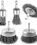 5 Piece Drill Wire Brush Set With One Quarter Inch Hex Shank Heavy Duty Carbon Steel Crimped Bristles For Rust Busting Removal