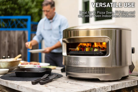 Outdoor setup with Pi Cast Iron Three Piece Cookware Set With Round Skillet And Reversible Grill Griddle Removable Handles