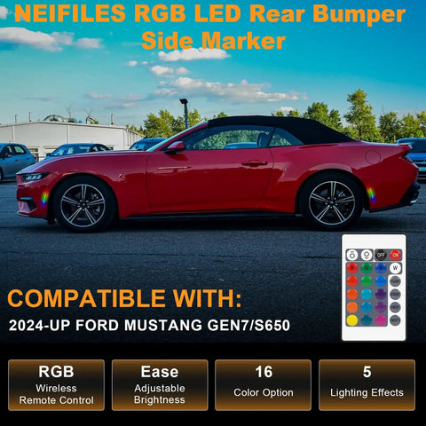 Ford Mustang S650 RGB LED Side Marker Lights Kit Smoked Lens Front And Rear Bumper Lamps with remote on car