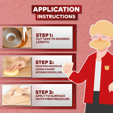 Application instructions for Water Activated Tape With Fiberglass Reinforced Backing For Extra Strength Brown Kraft Paper Packaging Roll Two Point Seven Five Inch By Three Hundred Seventy Five Feet Eight Pack Three Thousand Feet Total Gummed Paper Tape For Moving Boxes.