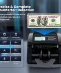 Pro Grade High Speed Money Counter Machine With UV MG IR DD Detection, showing counterfeit detection process with USD bill.