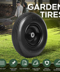 13 Inch Solid Flat Free Replacement Tire And Wheel 4.00-6 With Five Eighth Inch Axle Bore for Garden Carts, showcasing durability features.