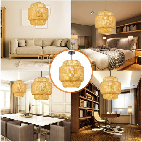 Hand Woven Rattan Pendant Light Fixture For Kitchen Island And Dining Areas Dope Boho Bamboo Hanging Lamp With Tropical Vibe Perfect For Living Rooms Reading Nook And Restaurant Ambiance 16 X 16.2 Inches displayed in various room settings