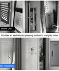 Sleek Aluminum Attic Access Door With Heavy Duty Handle For Zero Hassle Drywall Tuck Away Wall Concealment Hatch Cover In Smooth Gray Solid Pick For Homes Straight Up Durable Build before and after images of installation.