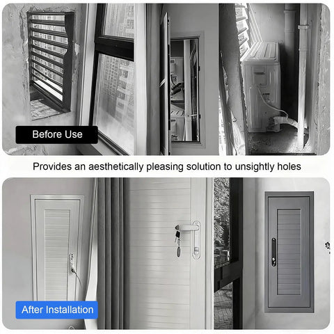 Sleek Aluminum Attic Access Door With Heavy Duty Handle For Zero Hassle Drywall Tuck Away Wall Concealment Hatch Cover In Smooth Gray Solid Pick For Homes Straight Up Durable Build before and after images of installation.