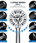 High Pressure Shower Head With Handheld Kit 8 Spray Settings And 2 Power Jet Modes, 5.04 inch detachable showerhead with modes chart.