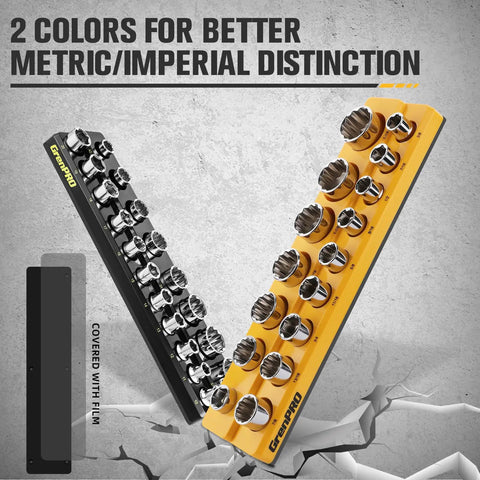 Magnetic Socket Organizer Set For Toolbox Drawer 6pc Includes 3 Metric And 3 SAE Magnetic Holders displayed in black and yellow.