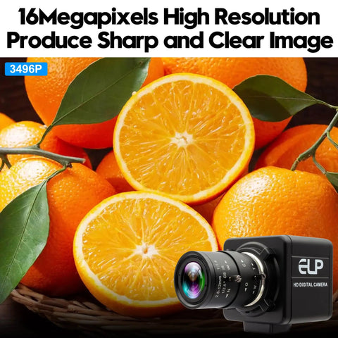 16MP HD USB Camera With 2.8 to 12mm 4X Optical Zoom CS Mount Lens capturing citrus fruit details.