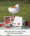 Weston Deluxe Electric Tomato Strainer And Food Mill Sauce Maker with Powerful 250 Watt Motor for making fresh sauces outdoors.