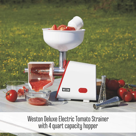 Weston Deluxe Electric Tomato Strainer And Food Mill Sauce Maker with Powerful 250 Watt Motor for making fresh sauces outdoors.