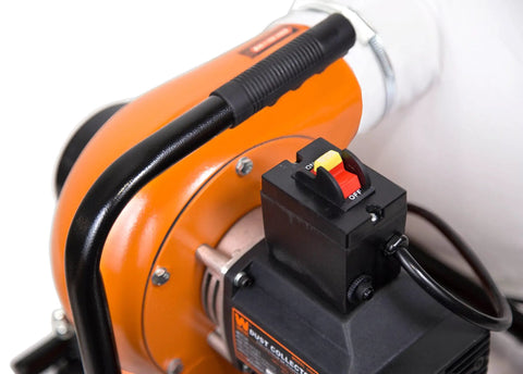 Close-up of controls on the Woodworking Dust Collector With 5.7 Amp Motor Delivers 660 CFM 6 Inch Impeller 4 Inch Dust Port 12 Gallon Bag Mobile Base Optional Wall Mount Model DC3401.