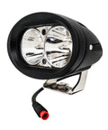 8W LED E-Bike Headlight With 2-Pin Julet Plug, Plug-And-Play design, black housing and red connector for 12V-60V systems.