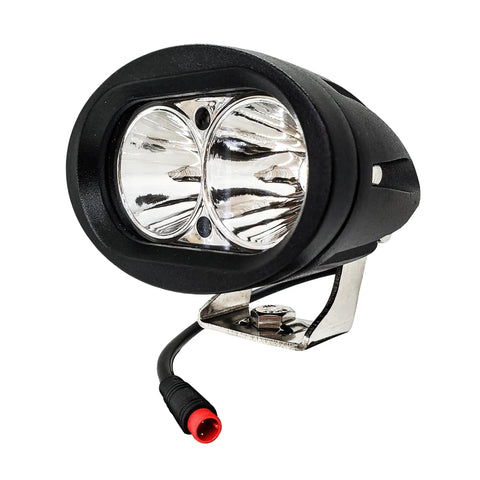 8W LED E-Bike Headlight With 2-Pin Julet Plug, Plug-And-Play design, black housing and red connector for 12V-60V systems.