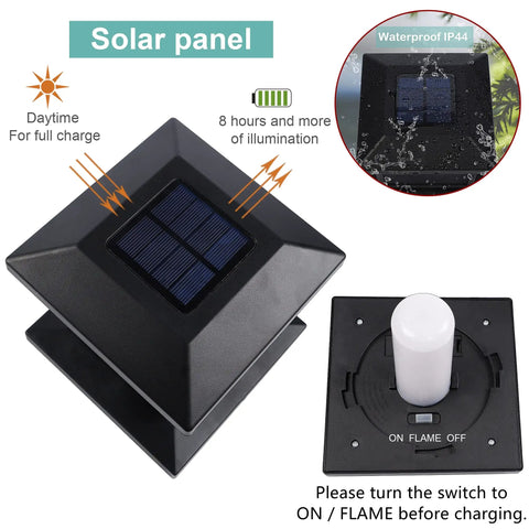 Top view of Solar Flame Post Lights 6 Pack With 72 LED Flickering Flame showing solar panel and waterproof feature.