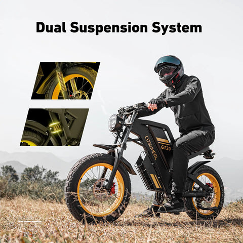 Rider on 2000W Fat Tire Electric Bike With Removable 48V 25Ah Battery Full Suspension And Dual Hydraulic Brakes 32 MPH Max Speed 20 Inch