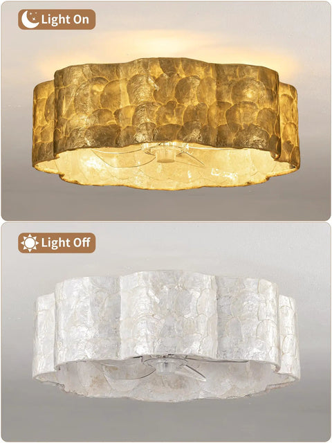 18" Coastal Boho Capiz Shell Ceiling Fan with Light and Remote, Flush Mount with light on and off views.