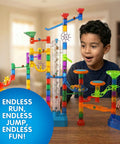 Glow In The Dark Marble Run Kit With 152 Pieces Featuring Motorized Spiral Lift Double Tracks Two Stunt Trampolines 30 Glow In The Dark Marbles And 30 Classic Marbles Storage Bag STEM Toys For Boys And Girls, child playing