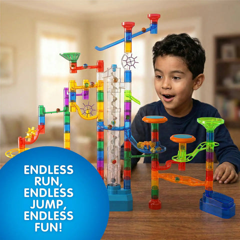 Glow In The Dark Marble Run Kit With 152 Pieces Featuring Motorized Spiral Lift Double Tracks Two Stunt Trampolines 30 Glow In The Dark Marbles And 30 Classic Marbles Storage Bag STEM Toys For Boys And Girls, child playing