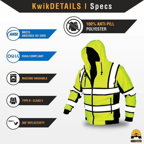 Image showing features of Yellow Safety Jacket Hoodie With Premium Quilted Stitching Class 3 ANSI OSHA Compliant Mens Fleece Hoodie.