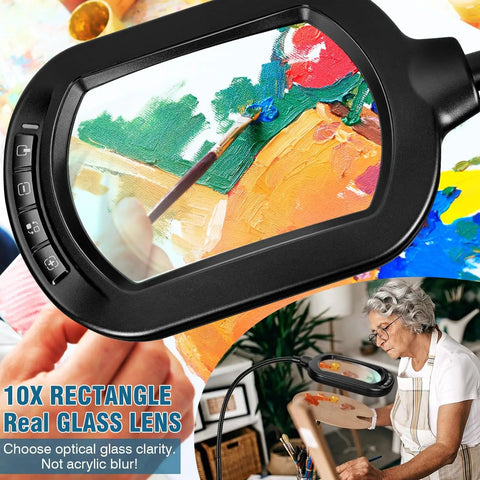 10X Optical Grade Glass Rectangular Magnifier With Light and Stand, adjustable gooseneck close work craft hands free use