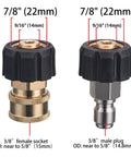 JOEJET pressure washer couplers, M22 14mm to 3/8 quick-connect; left brass 3/8 female socket, right silver 3/8 male plug.
