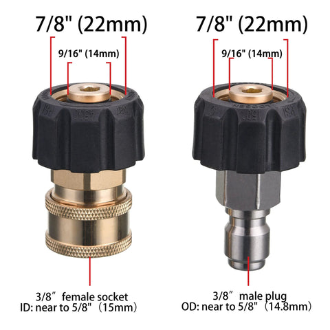 JOEJET pressure washer couplers, M22 14mm to 3/8 quick-connect; left brass 3/8 female socket, right silver 3/8 male plug.