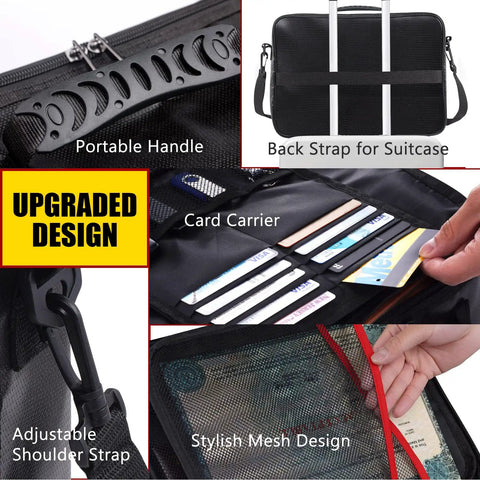 Fireproof Document Bag With Lock And Money Bag For On The Go Travel, showing portable handle, card carrier, and suitcase strap.