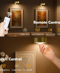 3 Pack Wireless Picture Lights For Wall, Battery Operated Poster Lamps With Polished Gold Finish, remote control functionality shown