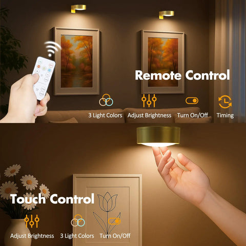 3 Pack Wireless Picture Lights For Wall, Battery Operated Poster Lamps With Polished Gold Finish, remote control functionality shown