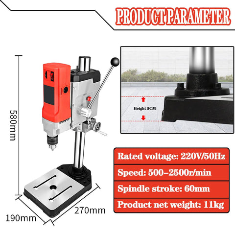 Piefeak 6-Speed Electric Pillar Drill Bench Machine With Vice, 580mm tall, features adjustable speed, designed for precise drilling.