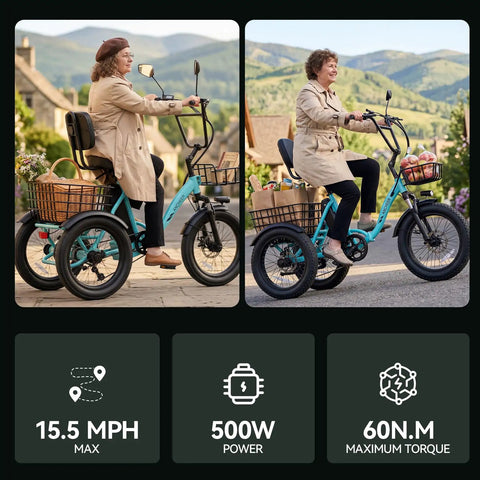 Adult Electric Tricycle With Folding Fat Tire Three Wheel E Trike 500W Motor UL2849 48V 10.4Ah Removable Battery Step Through Frame Parking Brake Differential Front And Rear Baskets Up To 15.5 MPH And 25+ Miles Per Charge, blue trike