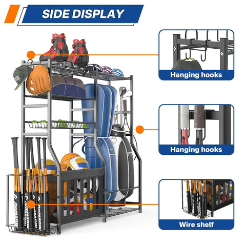 Heavy Duty Garage Sports Organizer All In One Golf Bag Rack And Multi Sport Ball Holder with hooks and wire shelf, side view