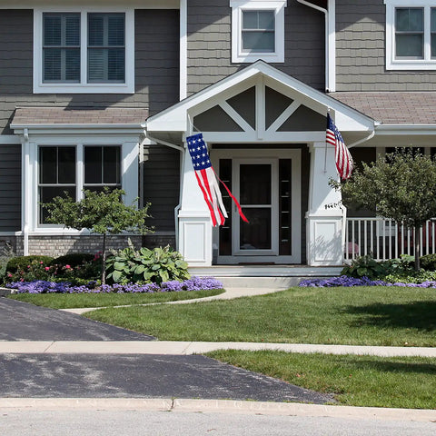 Patriotic Windsock 40 Inch With Embroidered Stars Fade Resistant American Flag Outdoor Decor on a porch