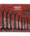 Black Chrome 22 Piece Reversible Combo Ratchet Wrench Set with Metric Spline Wrenches displayed in a red roll-up pouch