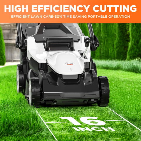 16 Inch Cordless Lawn Mower With Dual 20V 4.0Ah Batteries, Brushless Motor, Ultra Lightweight Yard Buddy, 6-Position Height Adjustment, Includes 2x 4.0Ah Batteries and Charger, Easy Start For Fast, Clean Cuts In Small To Medium Yards on grass