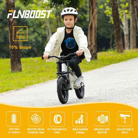 Electric Balance Bike For Kids 12 Inch Pneumatic Tires With 150W Peak Motor And 24V Battery 6 Mile Range Suspension Fork Adjustable Seat Kid Friendly Learn To Ride Toy For Ages 3 To 8 on a child riding uphill