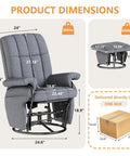 Dimensions of 360 Degree Swivel Glider Recliner Chair with Ottoman, gray upholstery, shown with packaging details.