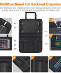 2 In 1 Car Seat Protector And Kick Mat With iPad Holder And Touchscreen Pocket Backseat Organizer With Waterproof Cover Storage Pockets For Mess Free Rides And Child Safety showcasing multiple storage pockets and iPad holder