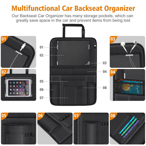 2 In 1 Car Seat Protector And Kick Mat With iPad Holder And Touchscreen Pocket Backseat Organizer With Waterproof Cover Storage Pockets For Mess Free Rides And Child Safety showcasing multiple storage pockets and iPad holder
