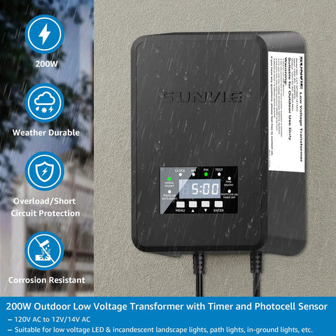 200W Outdoor Landscape Lighting Transformer With Timer And Photocell Weatherproof 120V To 12V To 14VAC Low Voltage For Garden Lights Compatible With All 12V Or 14V LED And Halogen Landscape Systems