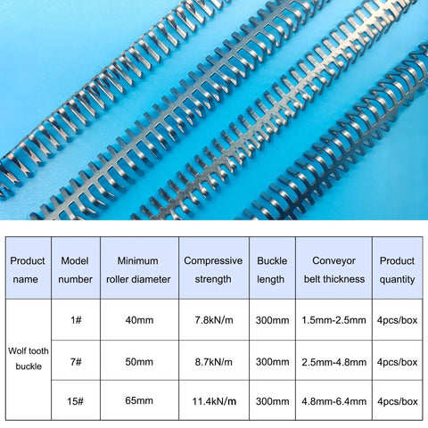 12 Inch Belt Lacing Fastener For Conveyor Belts Stainless Steel Spike Fastener Light Duty Splice Kit Fits Belts From One Sixteenth To Three Thirty Seconds Inch Durable Workhorse Kit 4 Pack With Two Hinge Pins. Display of stainless steel fasteners with chart below.