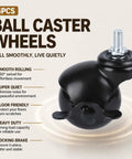 Set Of Four 2 Inch Swivel Ball Casters With Locking Brake M8x15mm Grip Neck Stem For Hassle Free Furniture Upgrade Durable E Coated Black Wheels, showcasing smooth rolling ball design.
