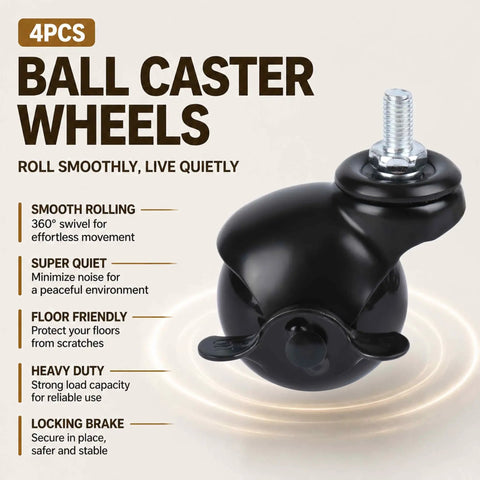Set Of Four 2 Inch Swivel Ball Casters With Locking Brake M8x15mm Grip Neck Stem For Hassle Free Furniture Upgrade Durable E Coated Black Wheels, showcasing smooth rolling ball design.