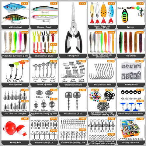 Variety of fishing lures and tackle from All-In-One Fishing Lures Kit With Tackle Box And 373-Piece Gear Set, Ready-To-Use Tackle Included.