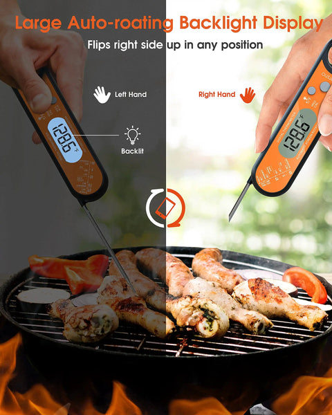 Instant Read Digital Meat Thermometer For Grillin And Roasting, Fast And Accurate, Backlit Display With Auto Rotating Screen in use on BBQ