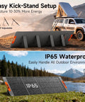 200W Foldable Solar Panel For Power Stations with IP65 Waterproof design shown in outdoor setting, kick-stand setup.