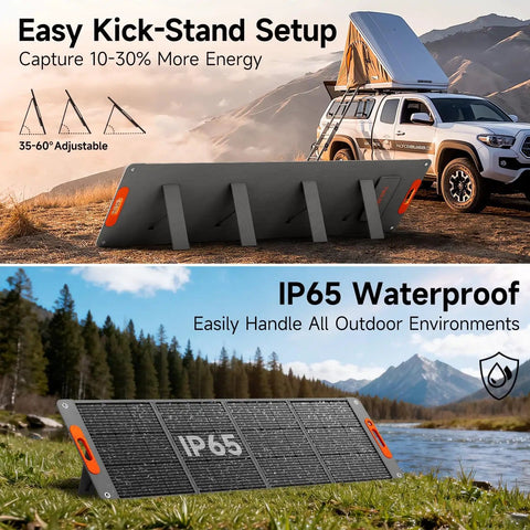 200W Foldable Solar Panel For Power Stations with IP65 Waterproof design shown in outdoor setting, kick-stand setup.